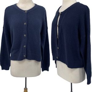 Madewell Deville Cardigan Sweater Boxy Cropped Button Front Navy Blue Womens L